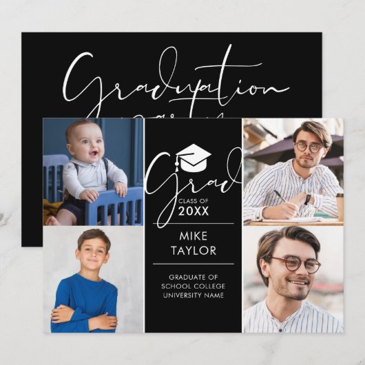 Modern toen en nu 4 foto afstudeerfeest kaart (Voorkant / Achterkant)