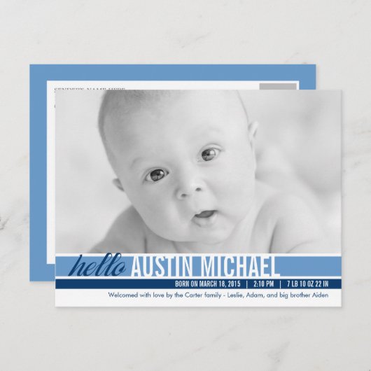 Modern Tones Geboorteaankondiging - Blauw Aankondigingskaart (Voorkant / Achterkant)