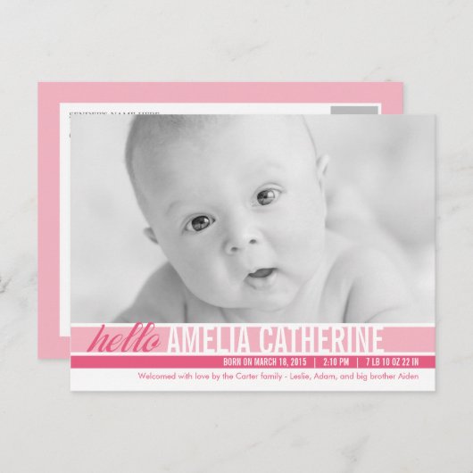 Modern Tones Geboorteaankondiging - Roze Aankondigingskaart (Voorkant / Achterkant)