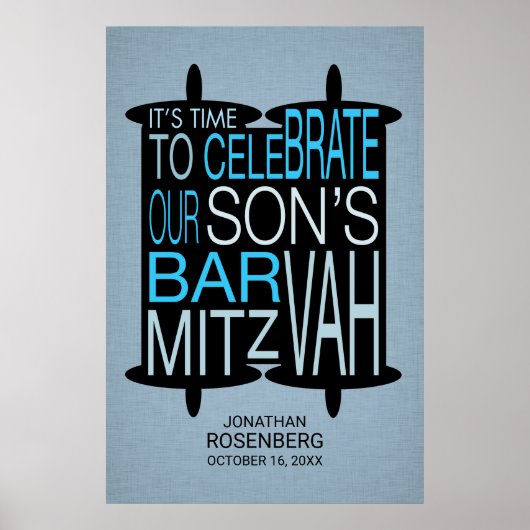 Modern Torah Bar Mitzvah Poster Grey and Blue (Voorkant)