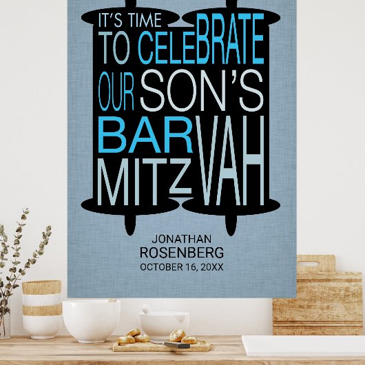 Modern Torah Bar Mitzvah Poster Grey and Blue (Keuken)