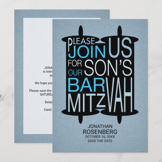 Modern Torah Bar Mitzvah Save the Date Gray Blue (Voorkant / Achterkant)