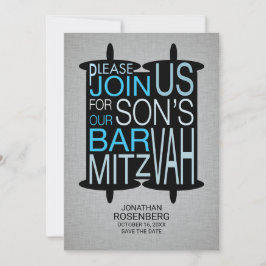Modern Torah Bar Mitzvah Save the Date Gray Blue