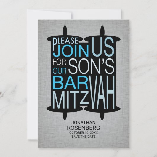 Modern Torah Bar Mitzvah Save the Date Gray Blue (Voorkant)