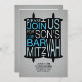 Modern Torah Bar Mitzvah Save the Date Gray Blue (Voorkant / Achterkant)
