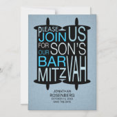 Modern Torah Bar Mitzvah Save the Date Gray Blue Magnetische Uitnodiging (Voorkant)