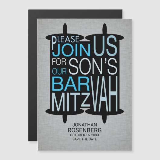 Modern Torah Bar Mitzvah Save the Date Gray Blue Magnetische Uitnodiging (Voorkant / Achterkant)