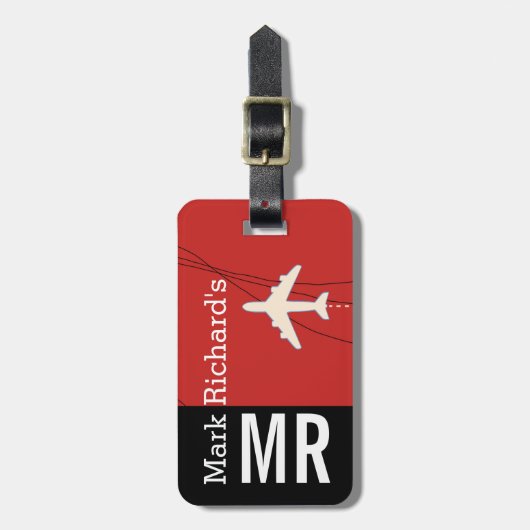 Modern Traveler naam & initialen stijlvol rood Bagagelabel (Voorkant verticaal)