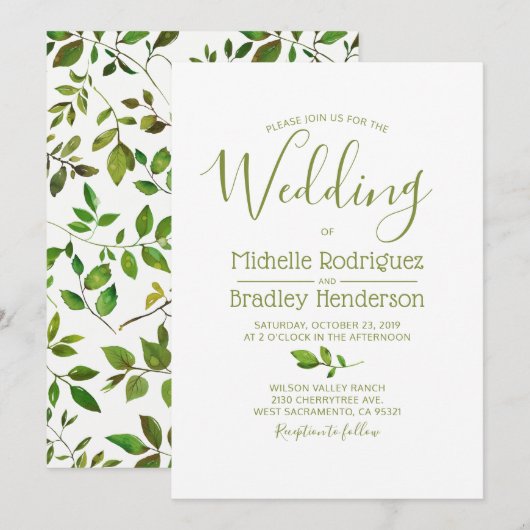 Modern Tree Greenery Waterverf Foliage Wedding Kaart (Voorkant / Achterkant)