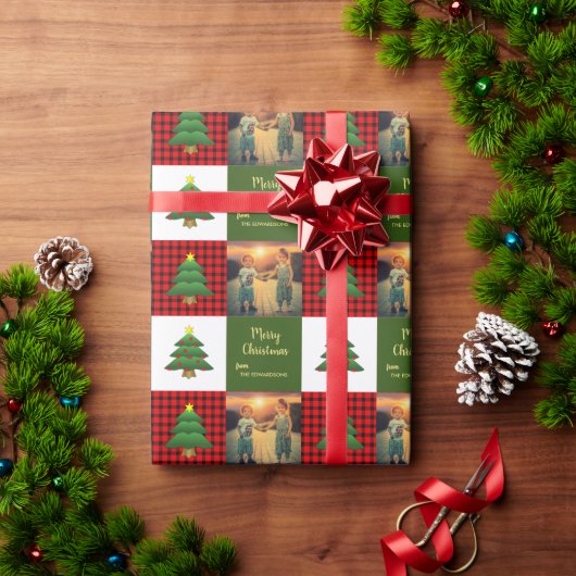 Modern trees Merry Christmas family photo Cadeaupapier (Feestdagen Geschenken)