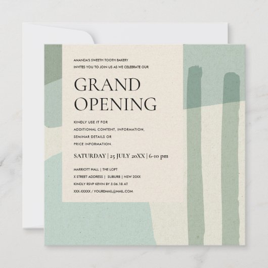 MODERN TRENDY ABSTRACTE ART AQUA BLUE GRAND OPENIN KAART (Voorkant)