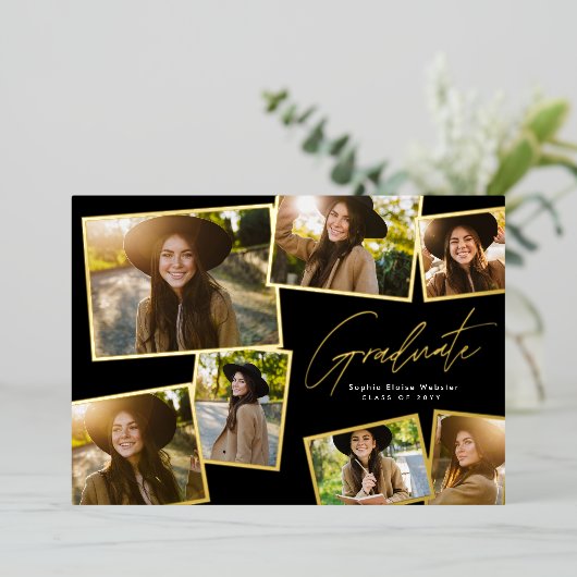 Modern trendy afstuderen 7 foto afstuderen folie uitnodiging (Staand Voorkant)