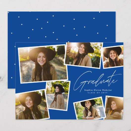 Modern trendy afstuderen 7 foto blauw afstuderen aankondiging (Voorkant / Achterkant)