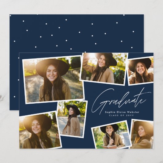 Modern trendy afstuderen 7 foto marine afstuderen aankondiging (Voorkant / Achterkant)