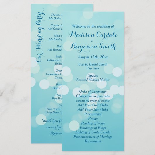 Modern Trendy Aqua Blue Wedding Program Sjabloon (Voorkant / Achterkant)