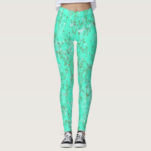 Modern trendy Aqua Blue Wildflower patroon Leggings (Voorkant)