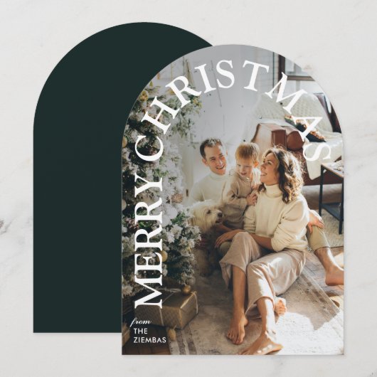 Modern Trendy Arched Merry Christmas Family Photo Kaart (Voorkant / Achterkant)