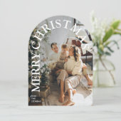 Modern Trendy Arched Merry Christmas Family Photo Kaart (Staand voorkant)