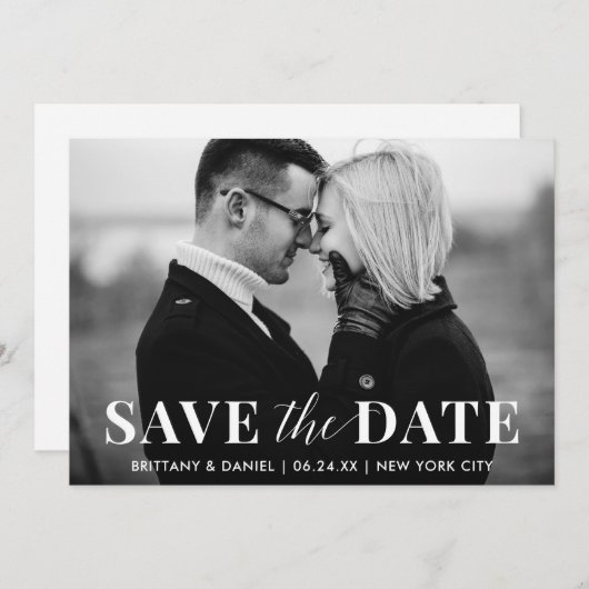 Modern Trendy Black en White Photo Save The Date (Voorkant / Achterkant)