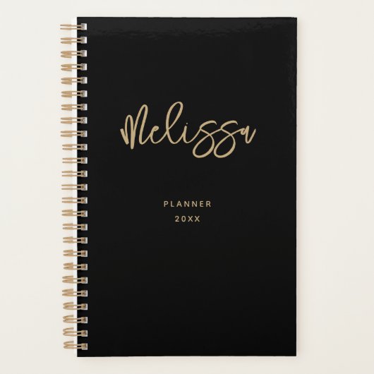 Modern Trendy Black Gold Script Chic Monogram naam Planner (Voorkant)