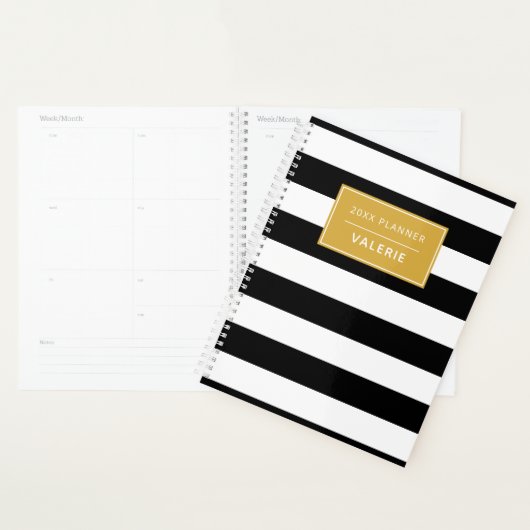 Modern Trendy Black White Stripe Custom Name Planner (Display)