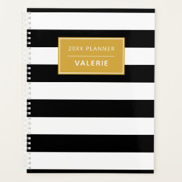 Modern Trendy Black White Stripe Custom Name Planner