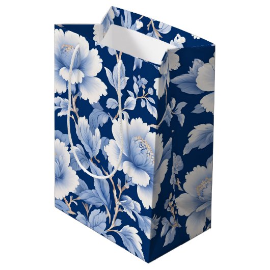 Modern trendy Blauw Wit chinoiserie bloemenfeest Medium Cadeauzakje (Achterkant Gekanteld)