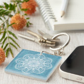 Modern trendy blauw wit en turquoise boho design sleutelhanger (Voorkant Rechts)