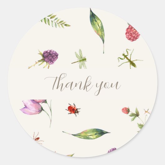 Modern Trendy Bloemeninsecten Woodland Dank u Ronde Sticker (Voorkant)