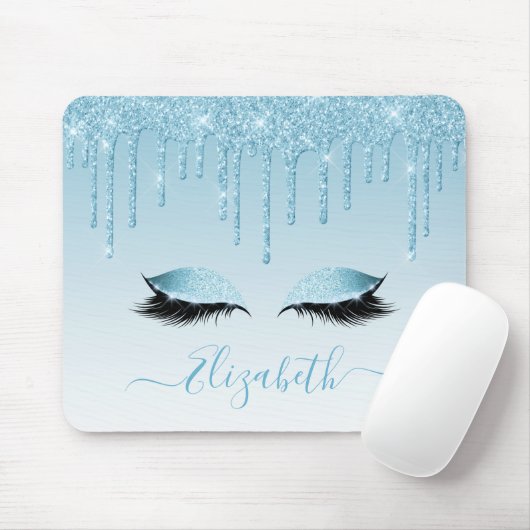 Modern Trendy Blue Glitter Lashes Stijlvol script Muismat (Met muis)