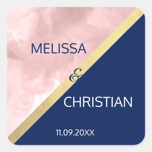 Modern Trendy Blush Pink Navy Blue Gold Wedding Vierkante Sticker (Voorkant)