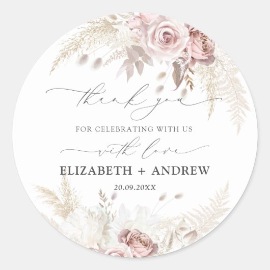 Modern Trendy Blush Roze Stoffig Roos Bloemen Brui Ronde Sticker (Voorkant)