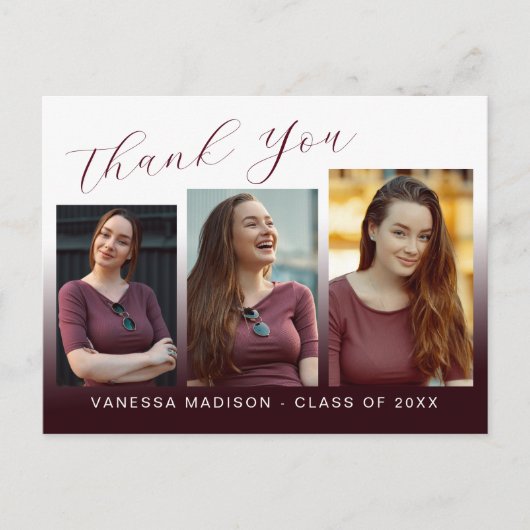 Modern Trendy Burgundy Red 3 Foto Afstudeerder Har Briefkaart (Voorkant)
