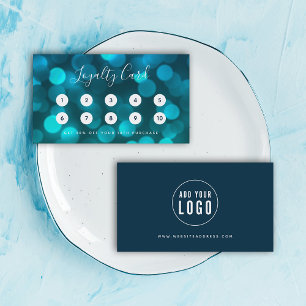 Modern Trendy Calligraphy Aqua Blue Bokeh Lights Klantenkaartje