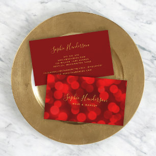 Modern Trendy Calligraphy Ruby Red Bokeh Lights Visitekaartje
