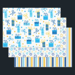 Modern trendy Chanoeka Inpakpapier Vel<br><div class="desc">Deze moderne Hanukkah-papieren met cadeaus,  strepen en davidsterren zullen uw pakjes er fenomenaal uitzien! Ze zijn kleurrijk en trendy,  maar toch traditioneel.</div>