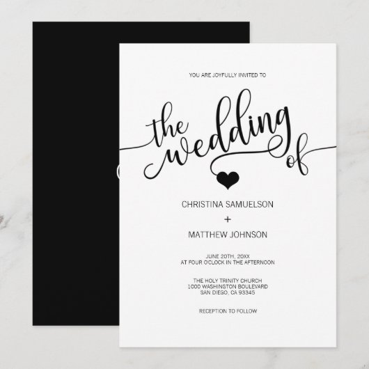 Modern Trendy Classic Black & White Heart Wedding Kaart (Voorkant / Achterkant)