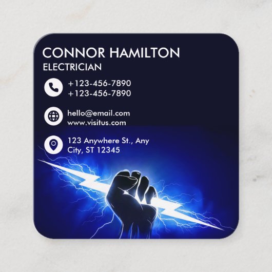 Modern Trendy Cool Blue Lightning Electrician Busi Vierkante Visitekaartje (Voorkant)