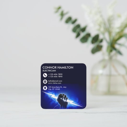 Modern Trendy Cool Blue Lightning Electrician Busi Vierkante Visitekaartje (Staand voorkant)