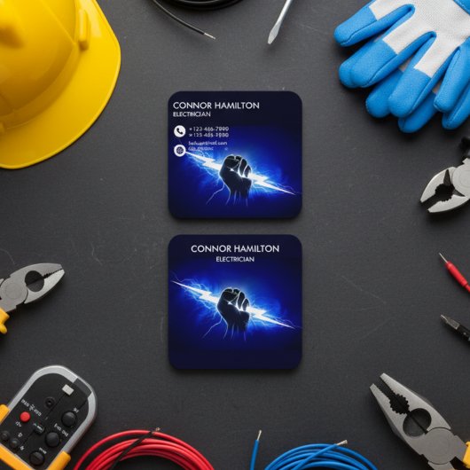 Modern Trendy Cool Blue Lightning Electrician Busi Vierkante Visitekaartje