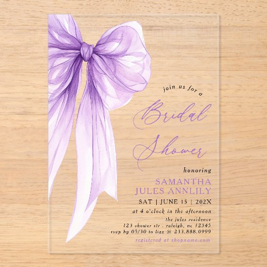 Modern trendy Coquette Paarse Bow Vrijgezellenfees Acryl Uitnodigingen (Voorkant)