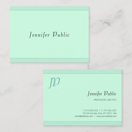 Modern Trendy Elegant Mint Groen Script Monogram Visitekaartje (Voorkant / Achterkant)