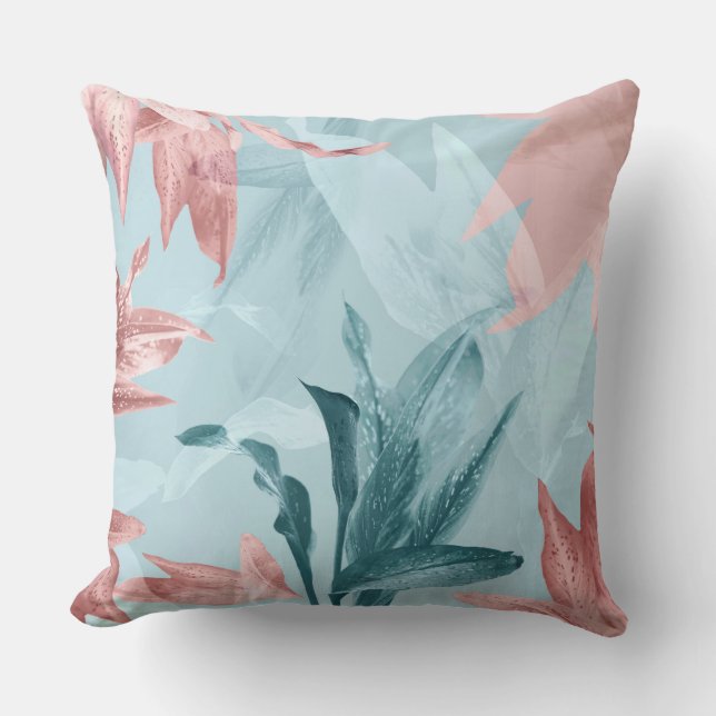 Modern Trendy Exotic Blue Pink Tropical Leaves Kussen (Voorkant)