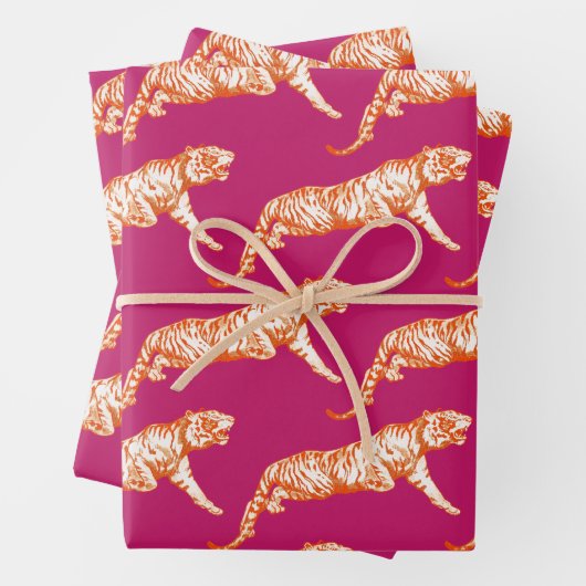 Modern trendy fel Sinaasappel Tiger Hot Pink Inpakpapier Vel (In situ)