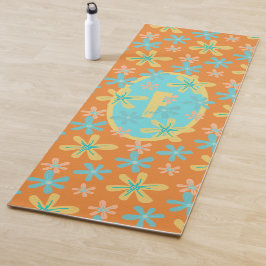 Modern Trendy Floral Oranje Yellow Cyan Monogram Yogamat