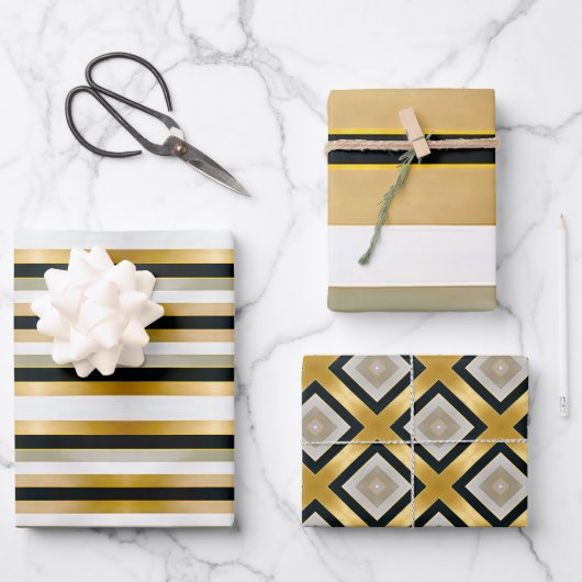 Modern Trendy Gold Black en White Geometric Inpakpapier Vel (Voorkant)