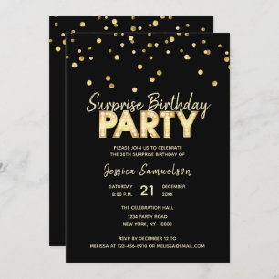 Modern Trendy Gold Black SURPRISE BIRTHDAY PARTY Kaart