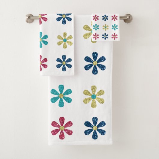 Modern & Trendy Gold Blue Glitter Flowers Bad Handdoek (Insitu)