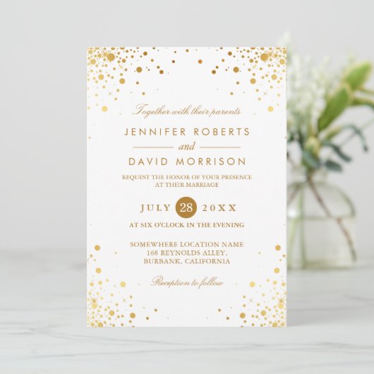 Modern Trendy Gold Confetti Stippen Weddenfoto Kaart (Staand voorkant)