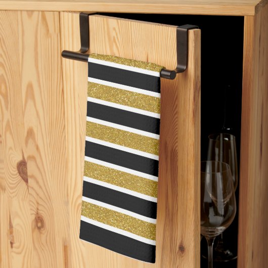 Modern Trendy Gold Glitter Black White Stripes Theedoek (Derde Gevouwen)